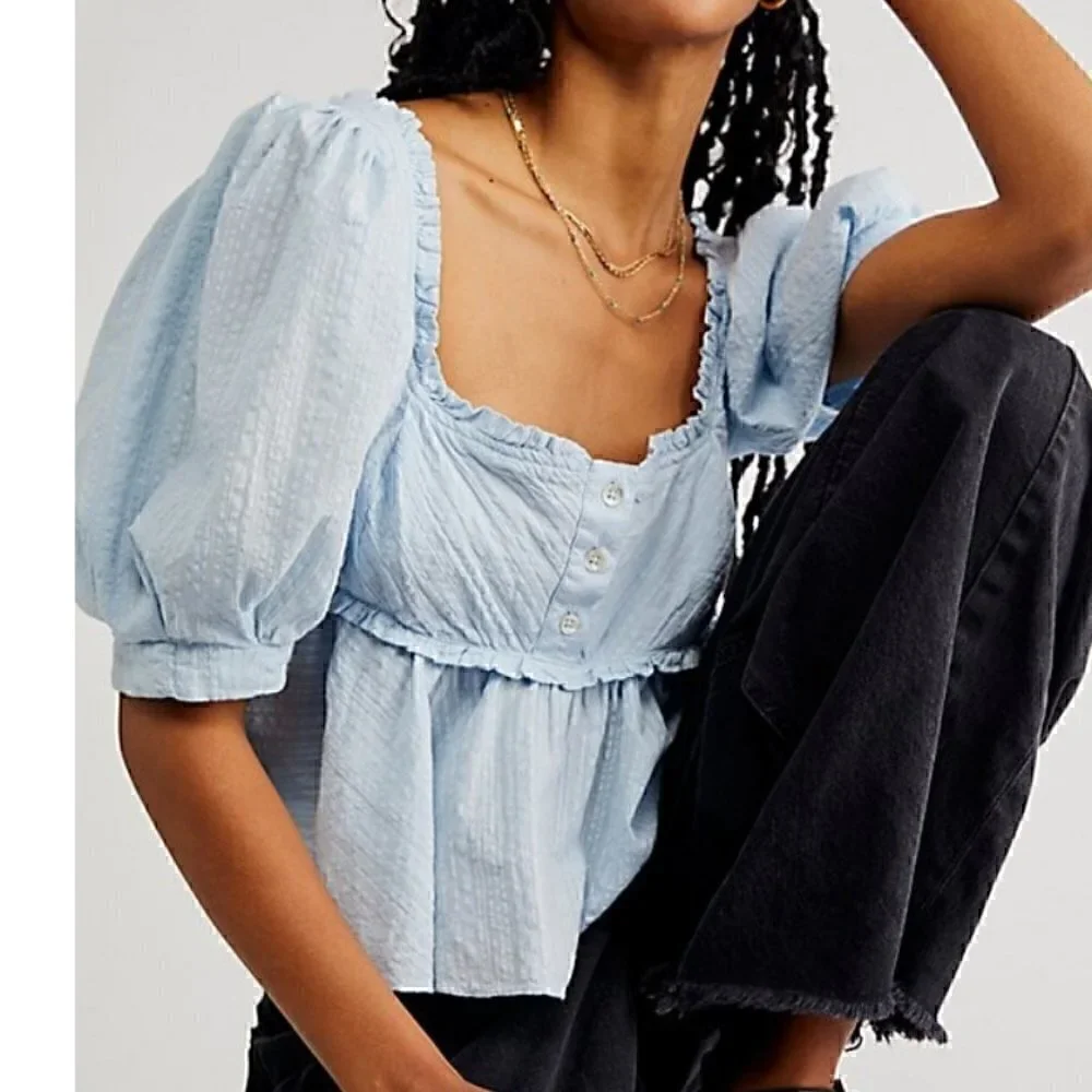 #193 NWOT Free People Leave It To Me Top in Baby Blue - Picture 1 of 5